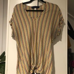 Multi colored t shirt with tie knot at bottom